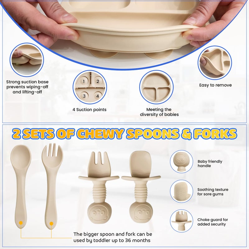 HippoBaby Baby Led Weaning Supplies | 10 Piece Silicone Feeding Set | Baby Toddler Bib Cup Divided Plate and Bowl Self Feeding Spoons Dish Set | Baby Utensils | Toddler Feeding Supplies (Beige) - Image 5